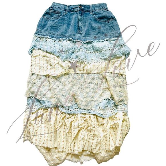 POL Clothing Floral Patchwork Eyelet Ruffle Denim Maxi Skirt NEW! - Picture 6 of 13